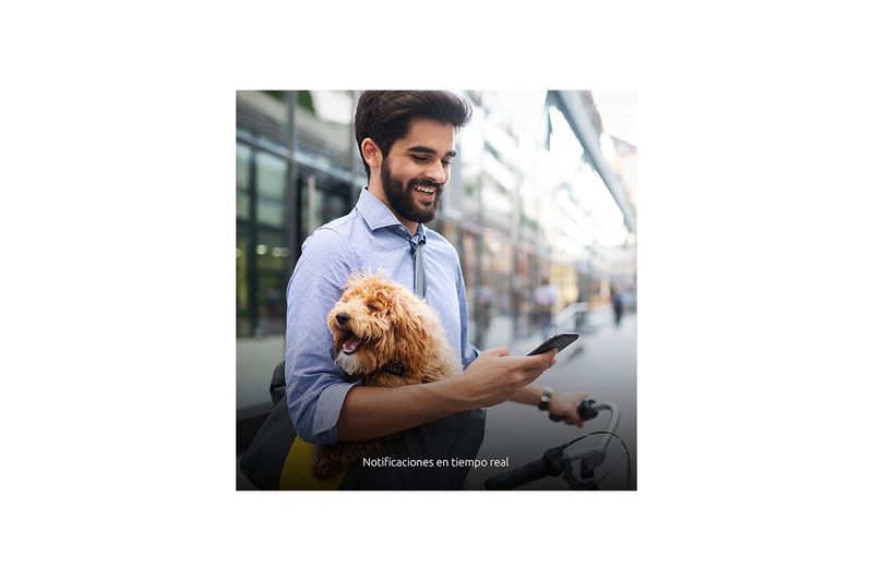 Cámara smart resolución 2K para interior Nexxt, hombre usando celular en la calle con su perro y texto informativo