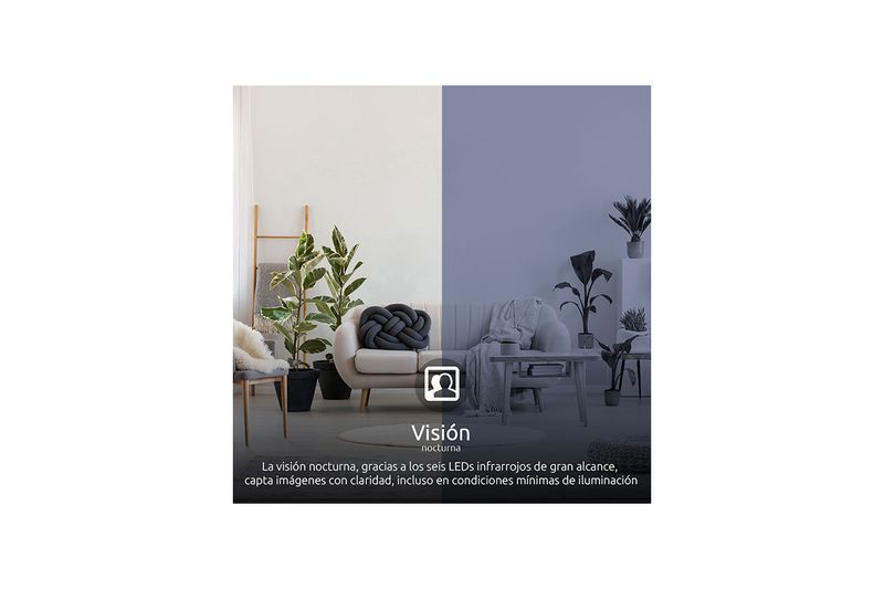 Cámara smart resolución 2K para interior Nexxt, gráfico comparativo de visión nocturna en una sala con iluminación baja