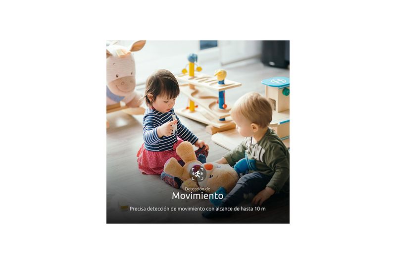 Cámara smart resolución 2K para interior Nexxt, gráfico de detección de movimiento con dos niños jugando en el piso