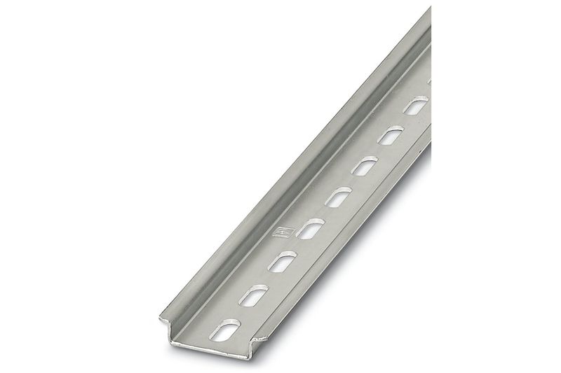 Riel simétrico perforado 35 mm x 15 mm 2 metros Phoenix Contact, vista diagonal del perfil metálico con ranuras