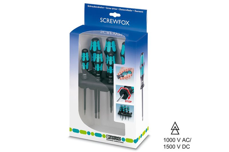 Set de 6 destornilladores Phoenix Contact, en su empaque blanco y azul con los mangos color cian y negro
