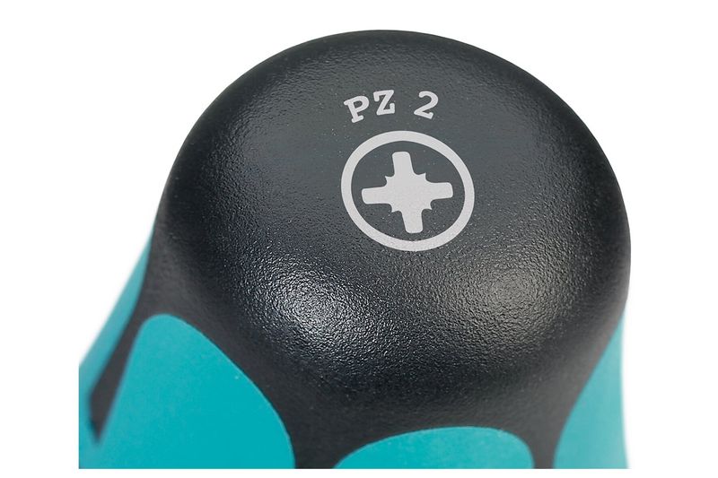 Set de 6 destornilladores Phoenix Contact, primer plano del mango negro y turquesa con marca PZ 2 y símbolo de punta
