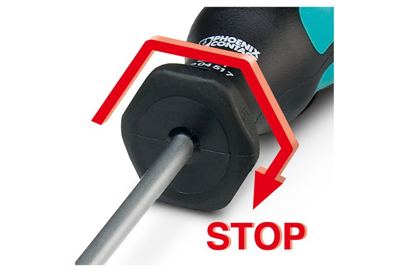 Destornillador de ranura 20 cm Phoenix Contact, primer plano del eje con tope antirrotación y flecha roja de stop