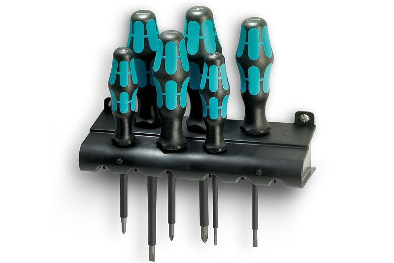 Set de 6 destornilladores Torx Phoenix Contact, organizados en soporte negro con mangos ergonómicos grises y turquesa