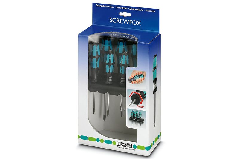 Set de 6 destornilladores Torx Phoenix Contact, kit en empaque transparente con caja azul y detalles del producto