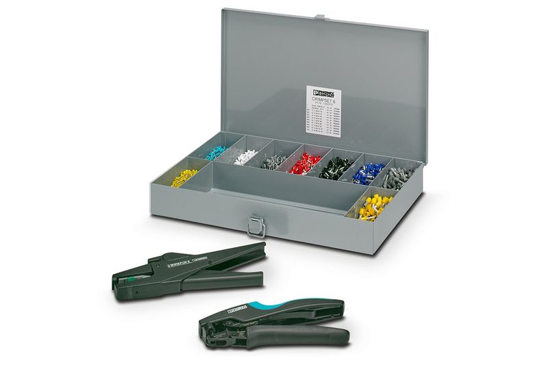Set de punteras y prensa terminal Phoenix Contact, caja organizadora abierta con terminales de colores y dos pinzas