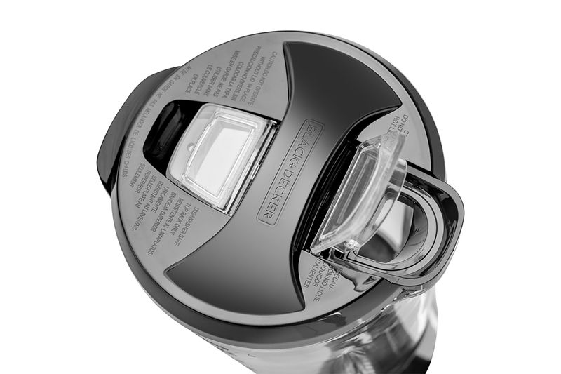 Licuadora Cyclone 2 velocidades vaso vidrio color negra Black + Decker, primer plano superior de la tapa y el asa