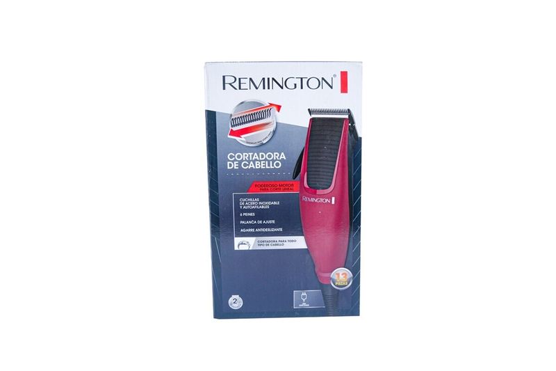 Kit de cortadora de cabello rojo de 12 piezas Remington, en su empaque con ilustración del equipo y accesorios