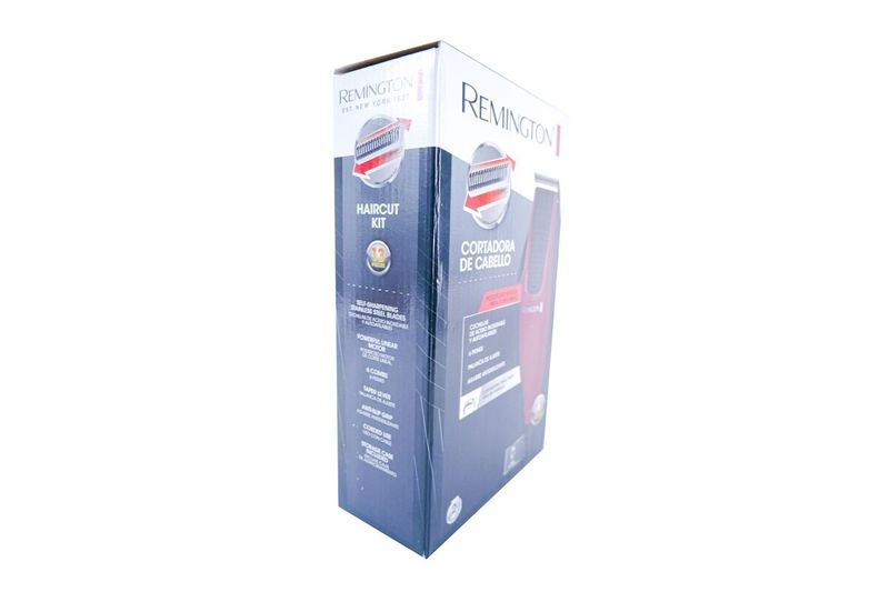 Kit de cortadora de cabello rojo de 12 piezas Remington, caja de empaque vista desde un ángulo lateral y frontal