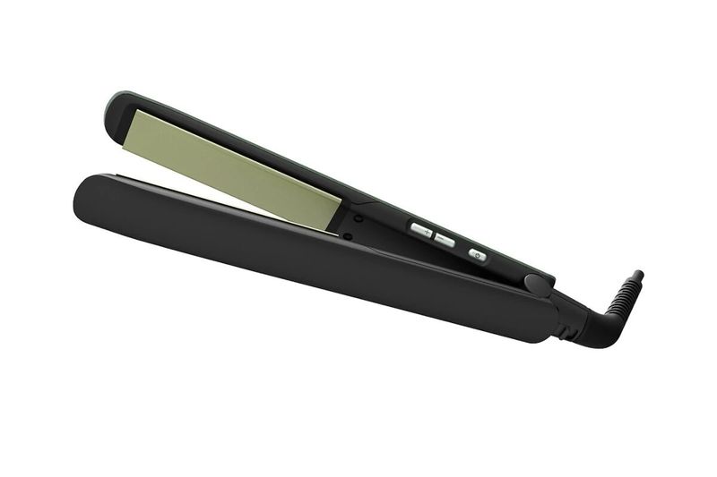 Combo alisadora y ondulador de cabello Remington, detalle lateral de la alisadora negra con placas abiertas