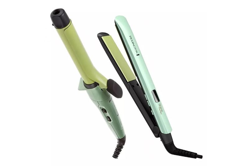 Combo alisadora y ondulador de cabello Remington, ambos equipos en color verde menta sobre fondo blanco