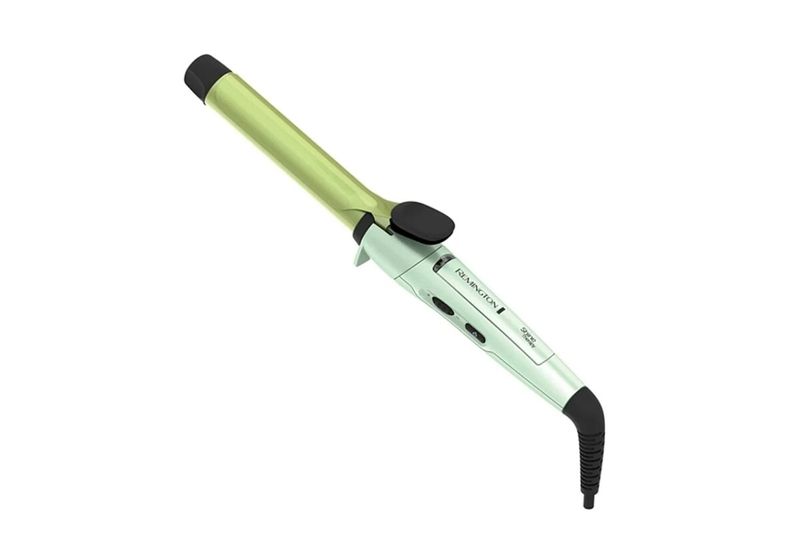 Combo alisadora y ondulador de cabello Remington, primer plano del ondulador en color verde menta y barril dorado