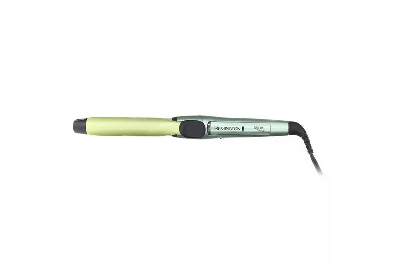 Combo alisadora y ondulador de cabello Remington, vista lateral del dispositivo en color verde metálico y negro