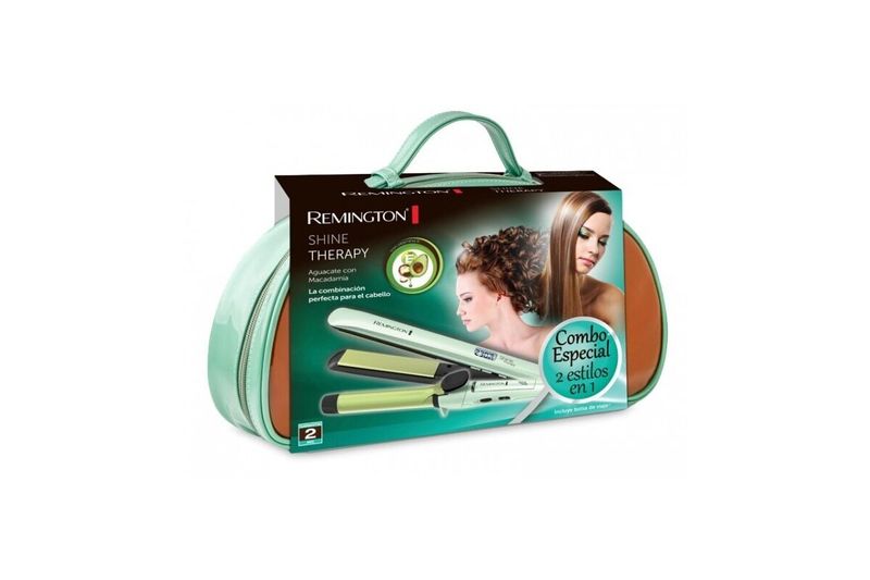 Combo alisadora y ondulador de cabello Remington, en su empaque con estuche color menta y caja informativa