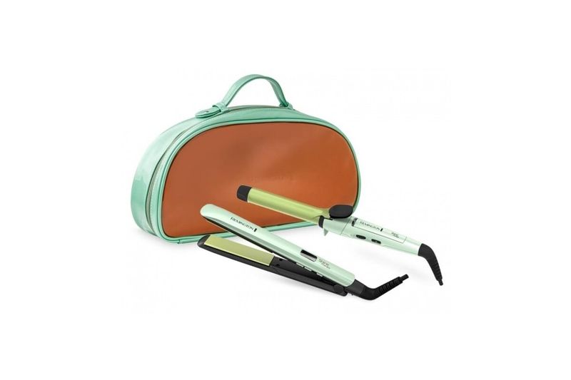 Combo alisadora y ondulador de cabello Remington, herramientas de color verde menta con estuche a juego abierto