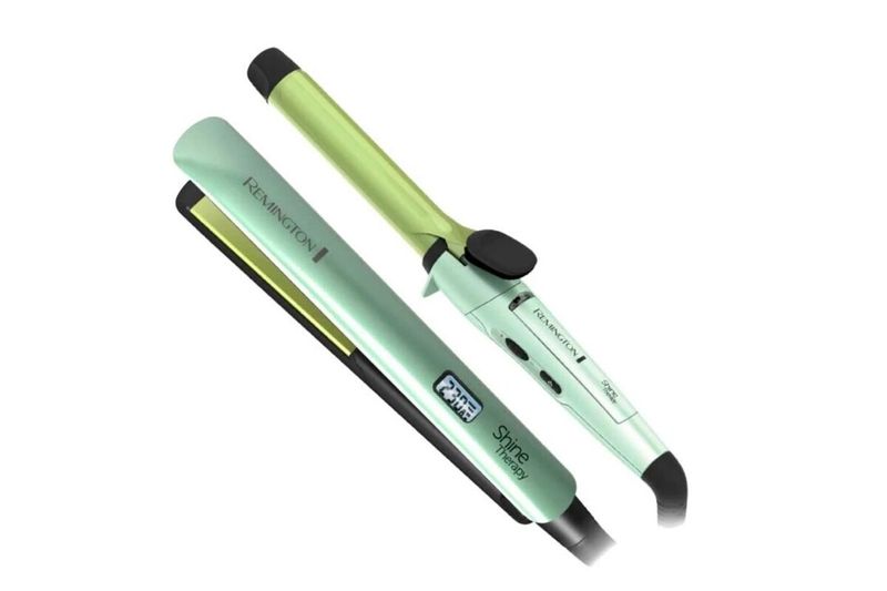 Combo alisadora y ondulador de cabello Remington, ambos equipos en color verde menta sobre fondo blanco
