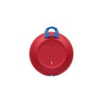 Parlante portátil inalámbrico Wonderboom rojo Logitech Ultimate Ears, vista posterior con base plana y asa azul