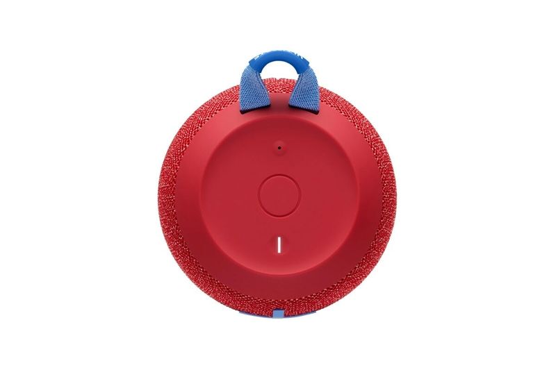 Parlante portátil inalámbrico Wonderboom rojo Logitech Ultimate Ears, vista posterior con base plana y asa azul