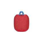 Parlante portátil inalámbrico Wonderboom rojo Logitech Ultimate Ears, vista frontal con asa azul superior
