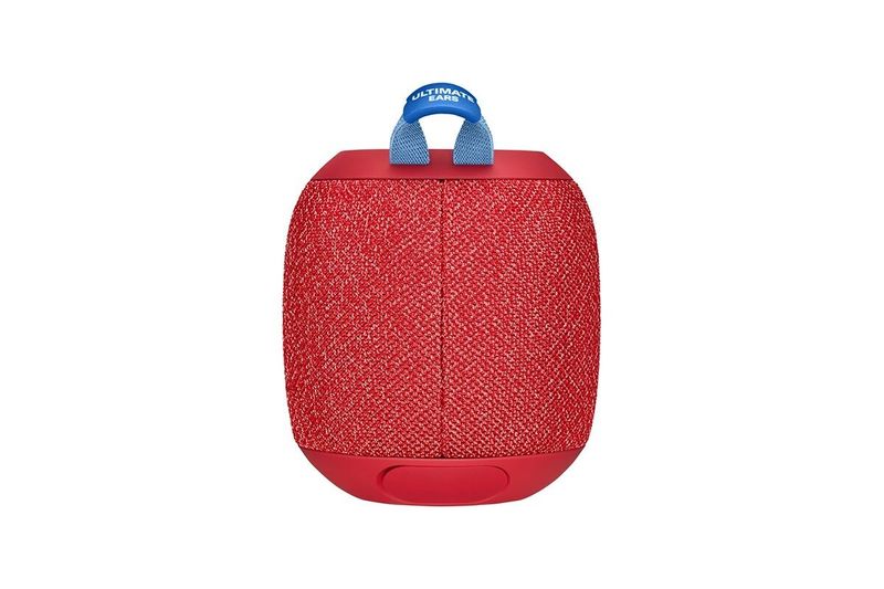 Parlante portátil inalámbrico Wonderboom rojo Logitech Ultimate Ears, vista frontal con asa azul superior