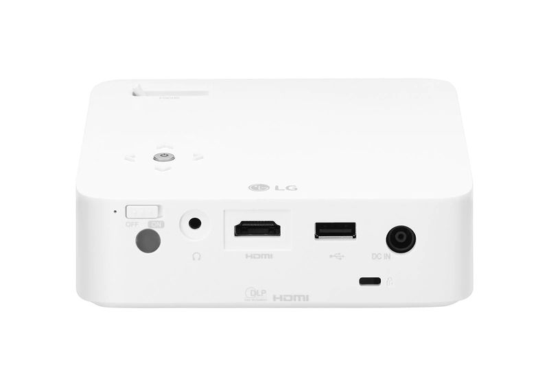 Proyector LED LG CineBeam, vista trasera detallando los puertos HDMI, USB, DC IN y salida de audio