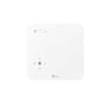 Proyector LED LG CineBeam LG, vista superior del equipo blanco con botones de control y anillo de enfoque