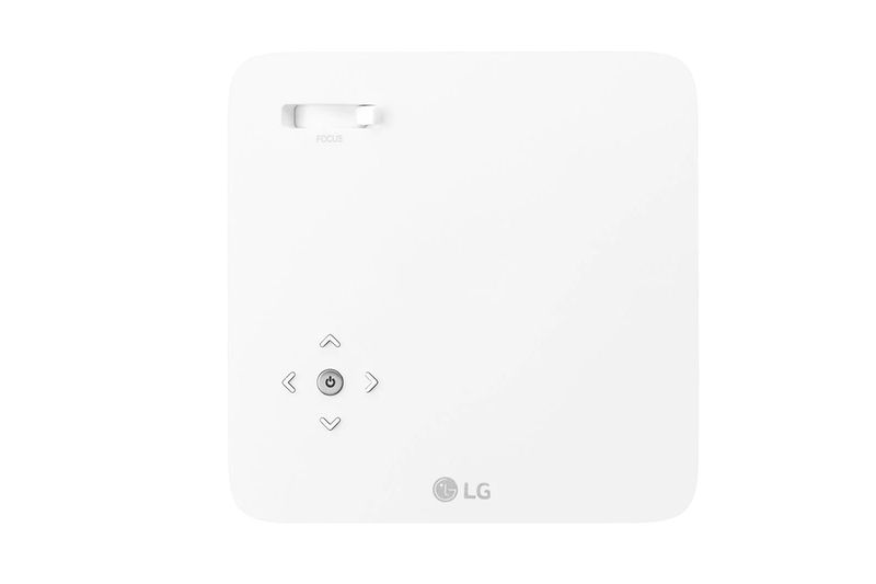 Proyector LED LG CineBeam LG, vista superior del equipo blanco con botones de control y anillo de enfoque