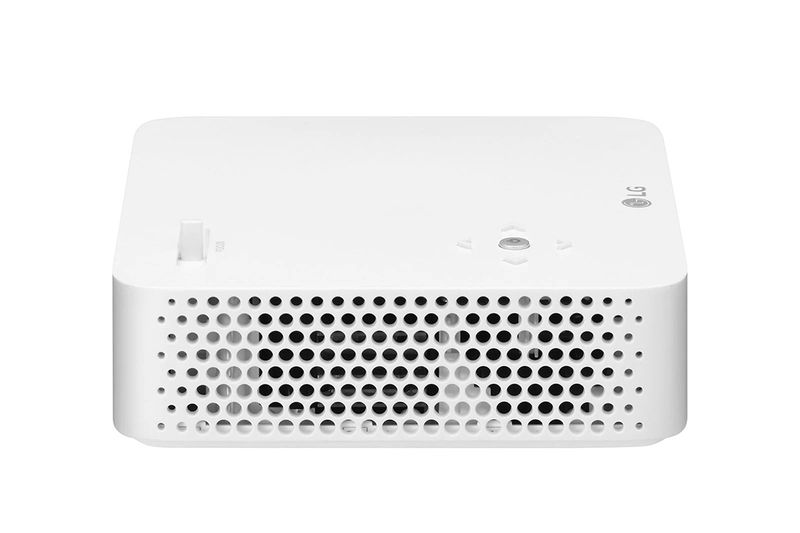 Proyector LED LG Cinebean, vista frontal del equipo blanco resaltando la rejilla de ventilación perforada