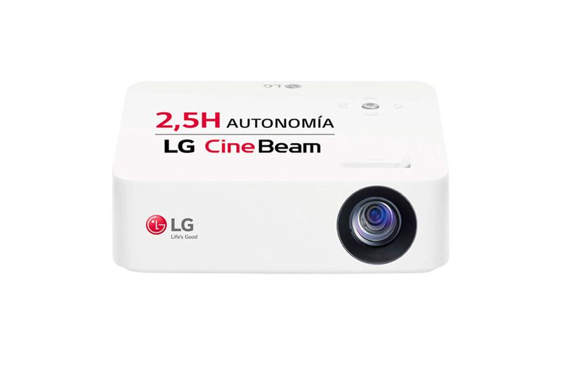 Proyector LED LG CineBeam LG, frente del equipo blanco con texto sobre autonomía de 2,5 horas