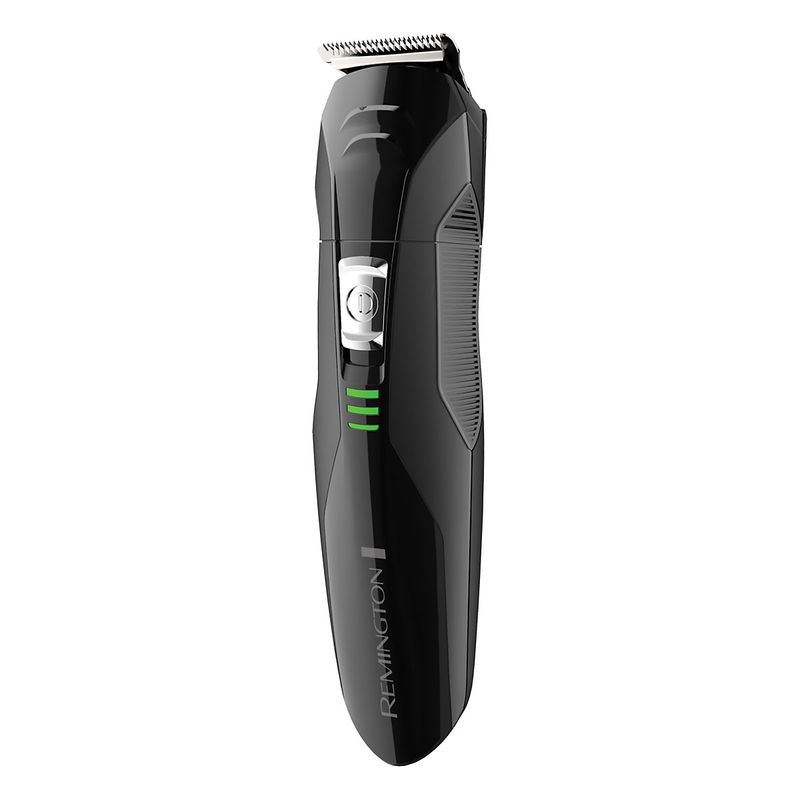 Kit de afeitadora negro todo en 1 Remington, vista frontal del cuerpo de la máquina con indicador de batería verde
