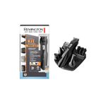 Kit de afeitadora negro todo en 1 Remington, equipo sobre su base con accesorios y su caja al lado
