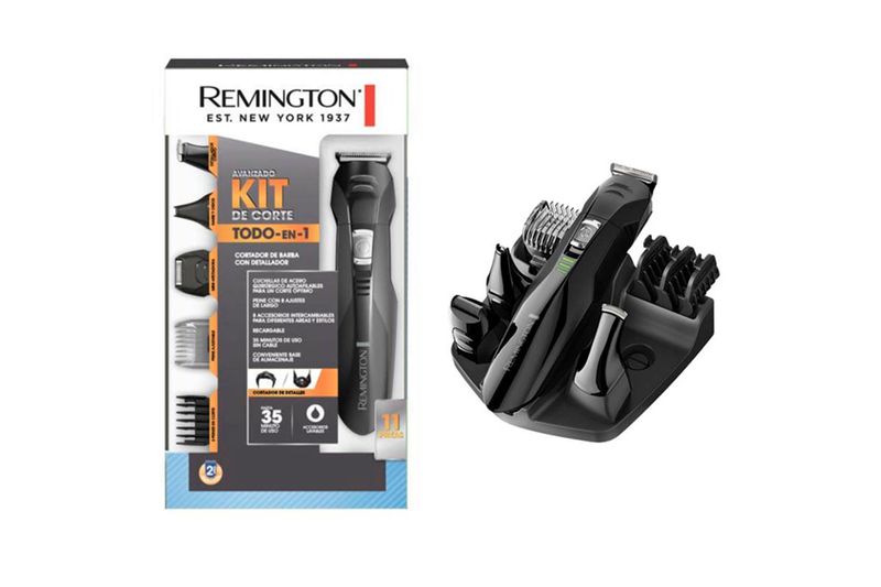 Kit de afeitadora negro todo en 1 Remington, equipo sobre su base con accesorios y su caja al lado