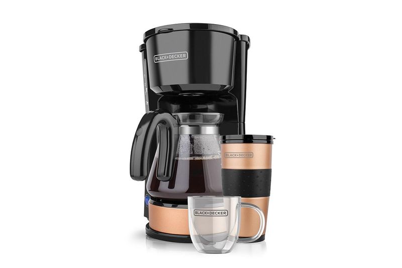 Cafetera con jarra de vidrio 14 onzas 5 tazas Black+Decker, equipo negro con jarra de vidrio, vaso térmico y taza