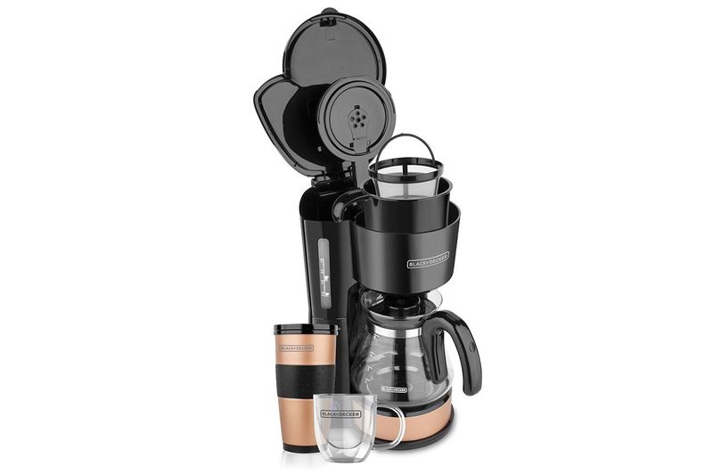 Cafetera con jarra de vidrio 14 onzas 5 tazas Black+Decker, conjunto con taza portátil y jarra pequeña de vidrio