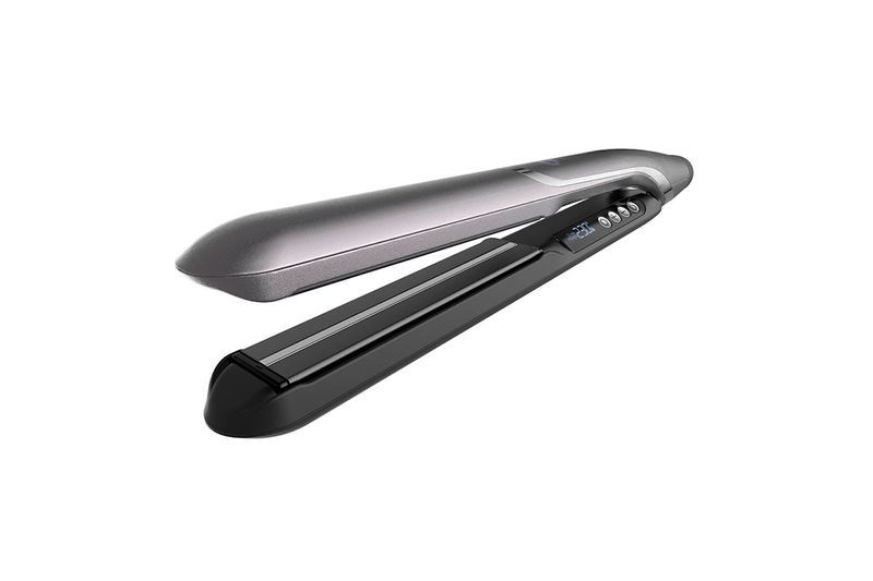 Plancha alisadora Remington ProLuxe, vista lateral abierta mostrando las placas y los botones de control