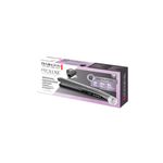 Plancha alisadora Remington ProLuxe, vista en perspectiva de la caja con ilustraciones y especificaciones técnicas