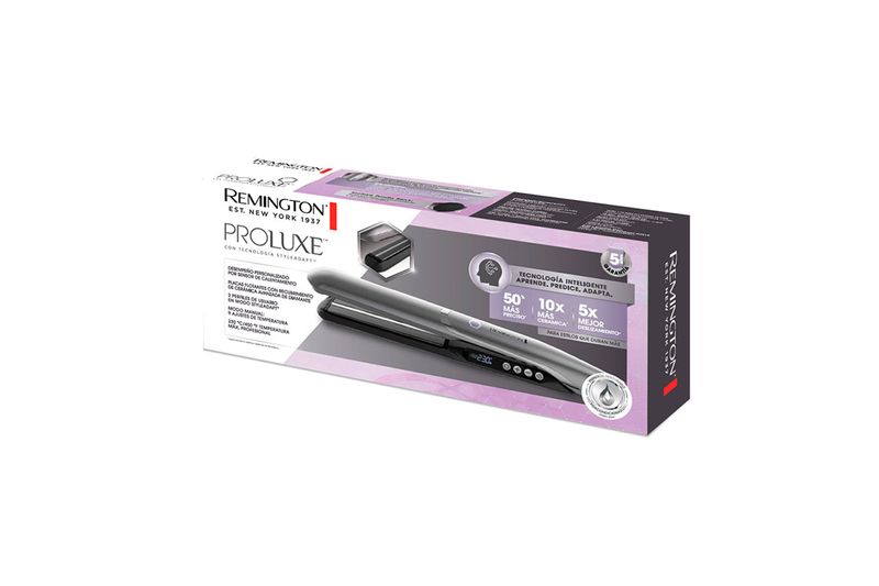 Plancha alisadora Remington ProLuxe, vista en perspectiva de la caja con ilustraciones y especificaciones técnicas