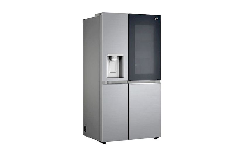 Refrigerador Inverter Instaview Door in Door 812 L Craft Ice LG, vista frontal en color plateado con panel de vidrio negro