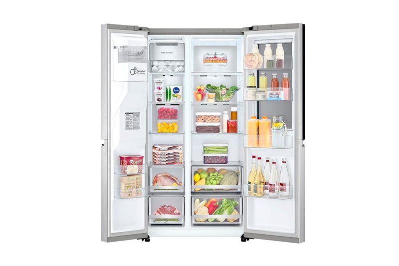 Refrigerador Inverter Instaview Door in Door 812 l Craft Ice LG, vista frontal con puertas abiertas y alimentos adentro
