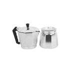 Cafetera italiana plateada de aluminio 9 tazas Sinsa, vista frontal con cuerpo y base separados