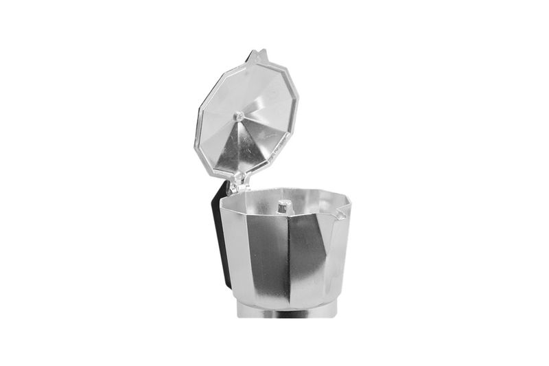 Cafetera italiana plateada de aluminio 9 tazas Sinsa, vista superior con la tapa abierta mostrando el interior