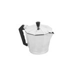 Cafetera italiana plateada aluminio 9 tazas Sinsa, vista lateral con mango y pomo negros