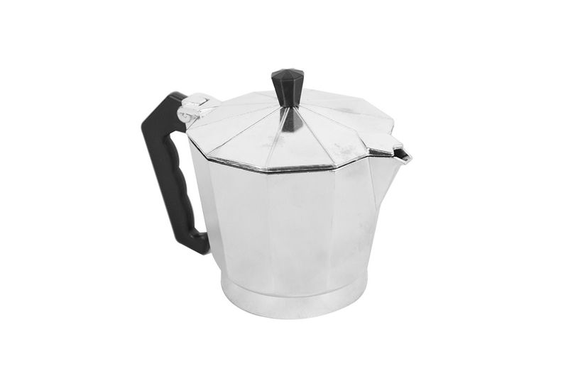 Cafetera italiana plateada aluminio 9 tazas Sinsa, vista lateral con mango y pomo negros