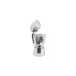 Cafetera italiana plateada aluminio de 9 tazas Sinsa, vista frontal con la tapa abierta y el cuerpo vacío