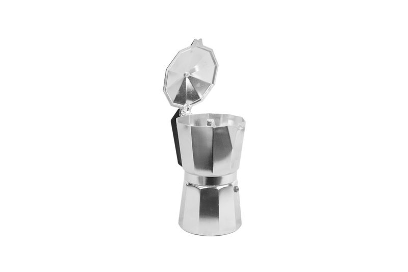 Cafetera italiana plateada aluminio de 9 tazas Sinsa, vista frontal con la tapa abierta y el cuerpo vacío