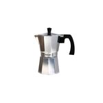 Cafetera italiana plateada de aluminio de 9 tazas Sinsa, vista frontal con mango y pomo negros