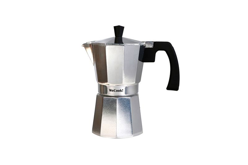 Cafetera italiana plateada de aluminio de 9 tazas Sinsa, vista frontal con mango y pomo negros