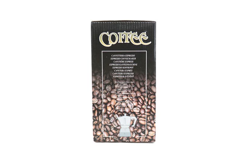 Cafetera italiana plateada aluminio 9 tazas Sinsa, vista posterior de la caja negra con instrucciones y granos de café
