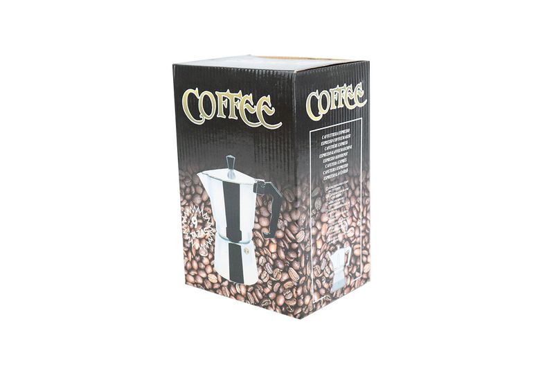 Cafetera italiana plateada aluminio de 9 tazas Sinsa, vista frontal de la caja con ilustración del producto y granos de café