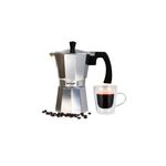 Cafetera italiana plateada aluminio 9 tazas Sinsa, junto a una taza de vidrio con café y granos esparcidos